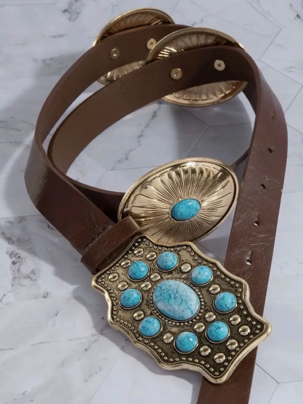 Brown Leather Belt with Turquoise Concho Accents